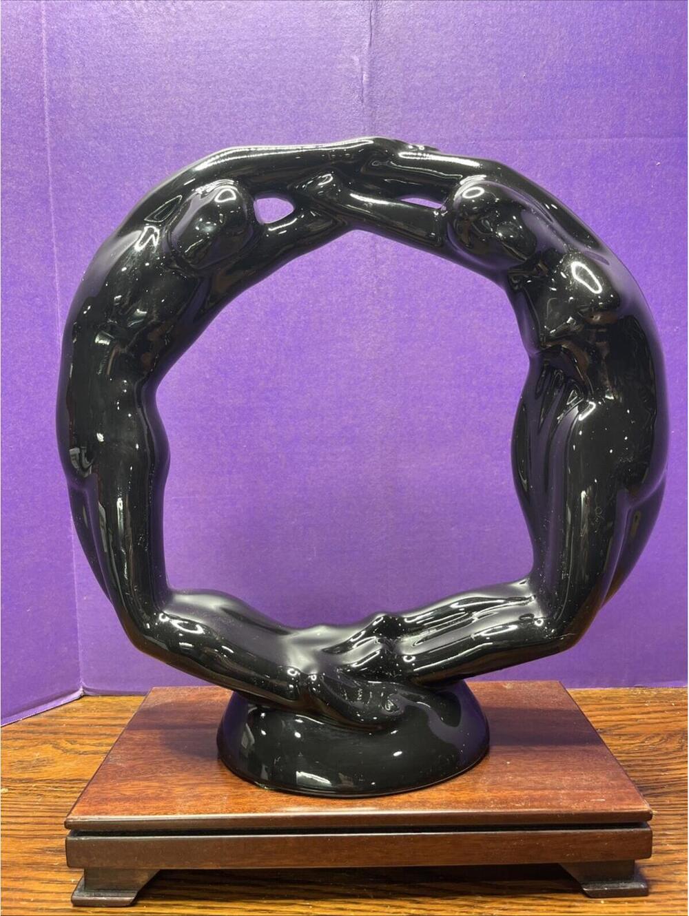 Vintage 14.5" Haeger Ceramic Eternity Circle of Love Gloss Black Figure Statue